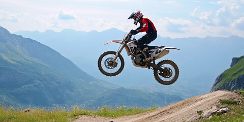 Fototapeta premium Rider jumps over a dirt ramp in mountainous terrain