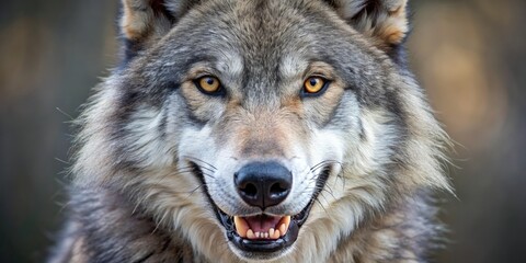 Fototapeta premium A close-up of a gray wolf's face with sharp teeth and piercing eyes looking directly at the camera, wildlife photography, wild animals, animals in action, hunting, gray wolf