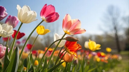 Obraz premium A close-up of colorful tulips swaying gently in the breeze on a sunny spring day, tulips, flowers