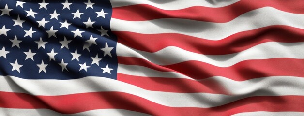 The American flag displays vibrant colors and textures, enhanced by warm sun rays filtering through. This close-up emphasizes patriotism and beauty during a serene moment.