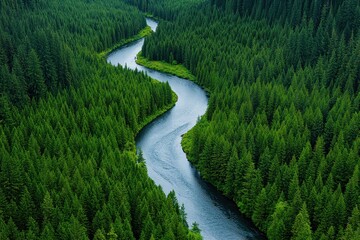 Obraz premium Aerial view topography composition concept. A winding river flows through a lush green forest, showcasing the beauty of nature and tranquility.