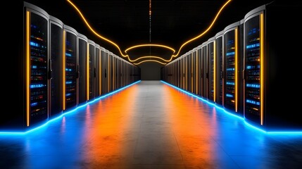 Fototapeta premium High-Tech Server Room with Neon Lights