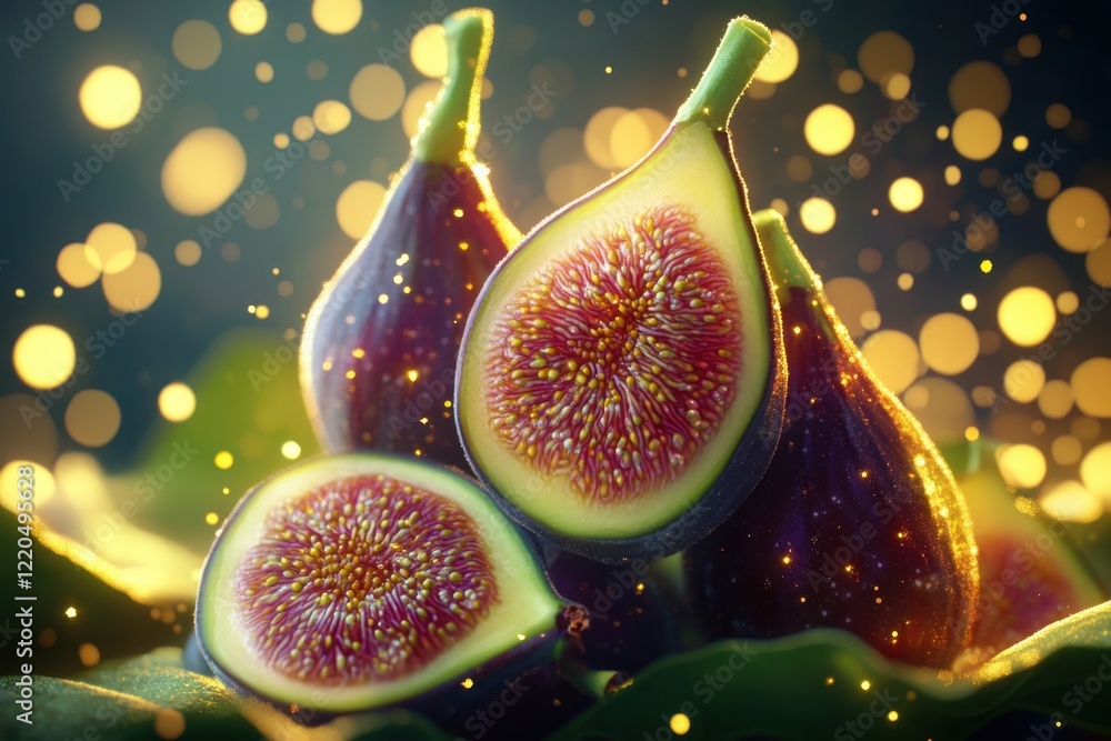 Poster fresh figs displayed attractively with glimmering bokeh effect in soft lighting