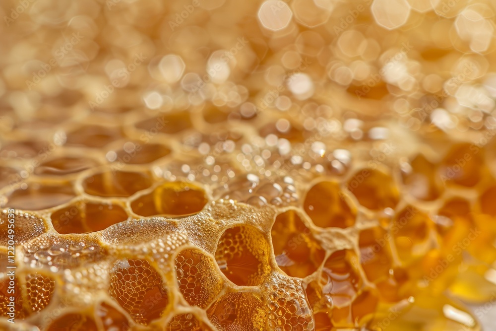 Aufkleber golden honey dripping from honeycomb, creating a sweet and natural background with a bokeh effect