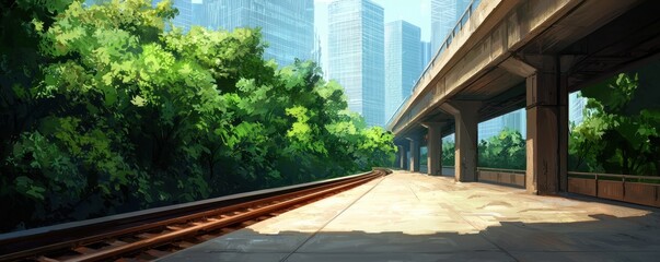 Fototapeta premium clean energy solar policy concept. Urban landscape featuring elevated railway amidst lush greenery and tall buildings.