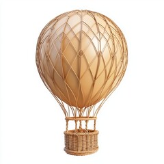 3D icon cartoon hot air balloon with a wicker basket, isolated on a white background --