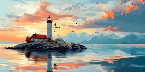 Lighthouse on rocky island at sunset with mountains in background, ideal for travel ads