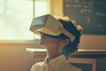 A young girl wearing a VR headset, immersed in a virtual world, exploring new educational possibilities.