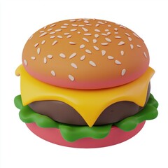 3D icon cartoon juicy hamburger with cheese and lettuce isolated on a white background 