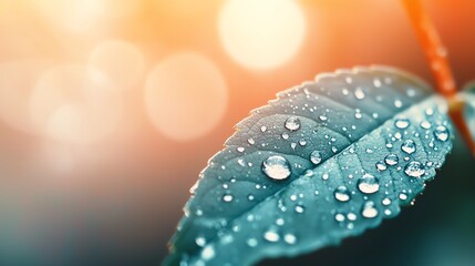 Fototapeta premium Water droplets evaporating from a single leaf tip, sunlight creating a radiant spectrum, natures precision, macro artistry