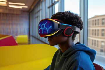 A young person wearing a VR headset, experiencing immersive technology with a molecular structure displayed.