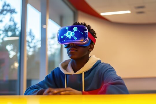 A young person wearing a VR headset experiences immersive virtual reality, exploring a molecular structure visualization.
