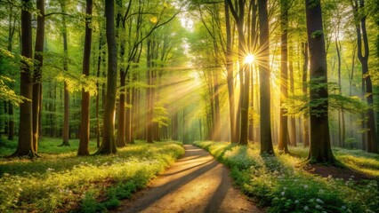 Obraz premium Sunlit Path Through a Verdant Forest at Dawn