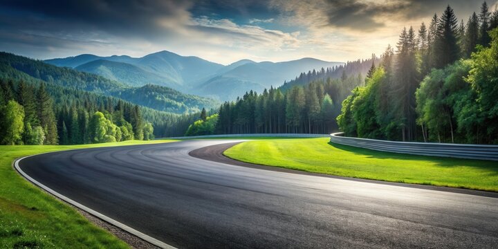 Asphalt race track curving through a lush green forest landscape against a backdrop of majestic mountains under a vibrant sky