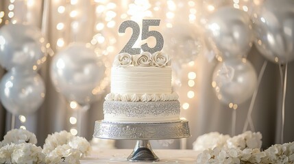 A silver anniversary party setup with a beautifully decorated cake and 25th anniversary banners.