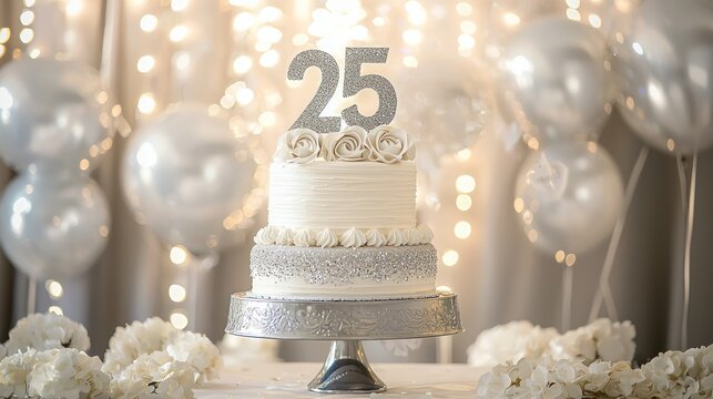 A silver anniversary party setup with a beautifully decorated cake and 25th anniversary banners.