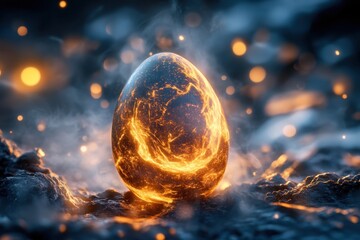 Glowing egg surrounded by fiery elements in a dark, mystical environment at night