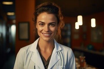 Fototapeta premium Portrait of smiling female doctor wearing white coat and stethoscope in hospital setting