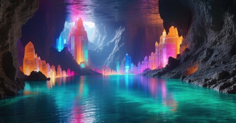 Obraz premium Massive underground lake hidden beneath an ancient mountain range illuminated by glowing minerals reflecting vibrant colors across the still water creating a surreal natural wonder