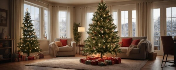 Obraz premium A large tinsel covered Christmas tree in a cozy living room with soft lighting , garland, inviting, cozy