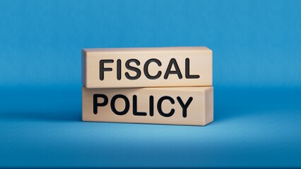 The name Fiscal Policy was created from wooden letter cubes. Economics and finance. close up. Wooden cube blocks. Copy space.3D rendering on blue background.
