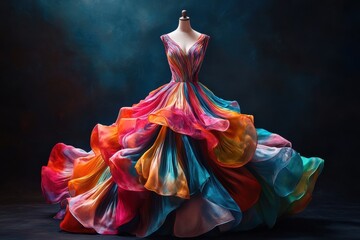 Vibrant multicolored gown displayed on dress form in artistic studio setting