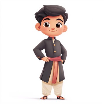 Cartoon character in a traditional Indian pathani suit with a white background