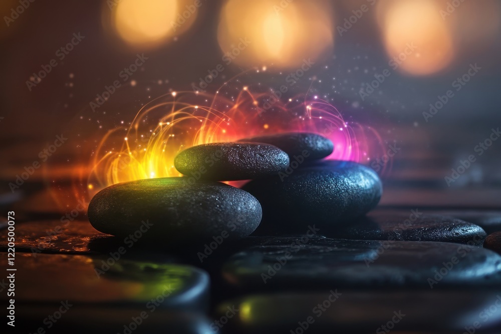 Poster unique arrangement of smooth stones with glowing particles in a serene setting