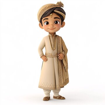 Cartoon figure dressed in an Indian achkan with a white background