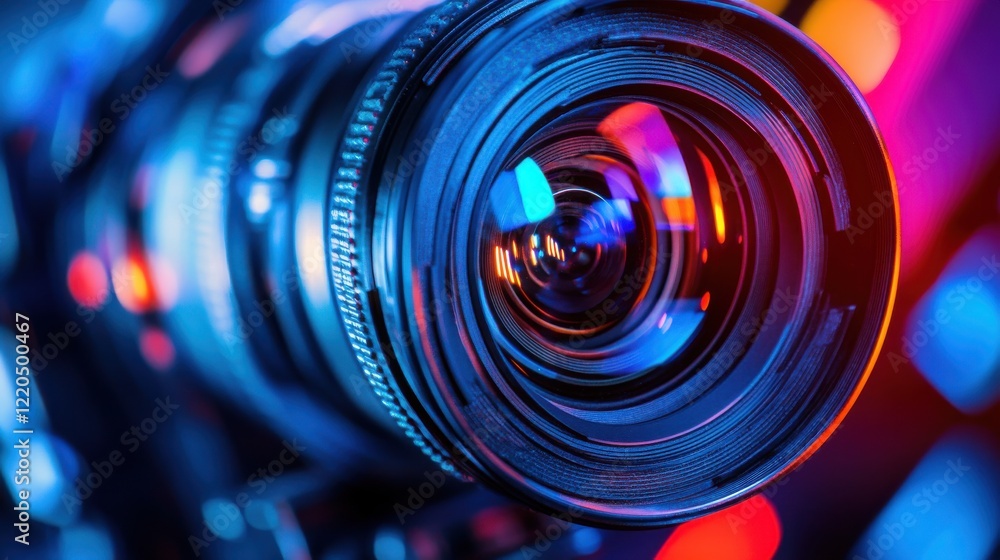 Aufkleber close-up of a camera lens with vibrant reflections and bokeh lights in the background