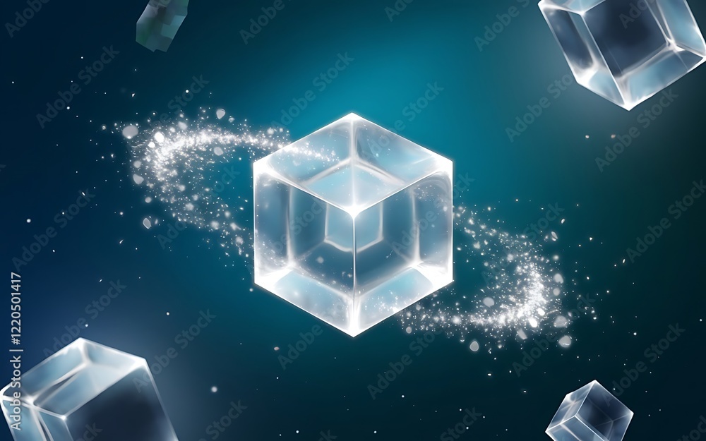 Poster cosmic cubes: a mesmerizing abstract composition of luminous, translucent cubes floating in a swirli