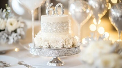 A 60th wedding anniversary celebration with a silver and white-themed party, complete with elegant decorations.