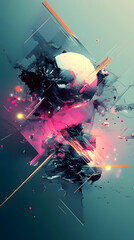 Abstract AI composition with floating shapes and glowing accents.