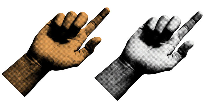 Trendy halftone Retro hands elements. A Set Halftone style retro hand illustrations on a Transparent background. Black and white and a vintage color scheme. perfect for Poster