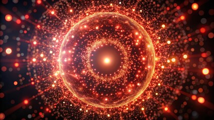 Tiny glowing red particles orbiting a central core, glow, universe,  glow, universe, cosmic