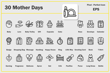 Set of 30 Mother Day icon set. Editable Stroke Icon Collection. mother, mom, family, parent, love, heart, flower, rose, tulip, gift. Outline icons, icon, icon pack, vector collection.