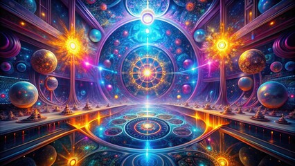 Obraz premium A mesmerizing digital art piece featuring vibrant fractals and shapes in a futuristic setting, design, artwork, fractal, visual effect, sci-fi