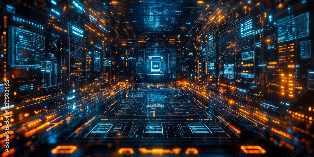 Poster futuristic ai powered digital interface with data streams and network connectivity