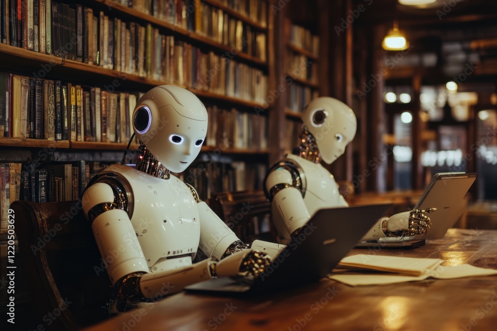 Poster robots engage in research and development in a modern library setting during the day