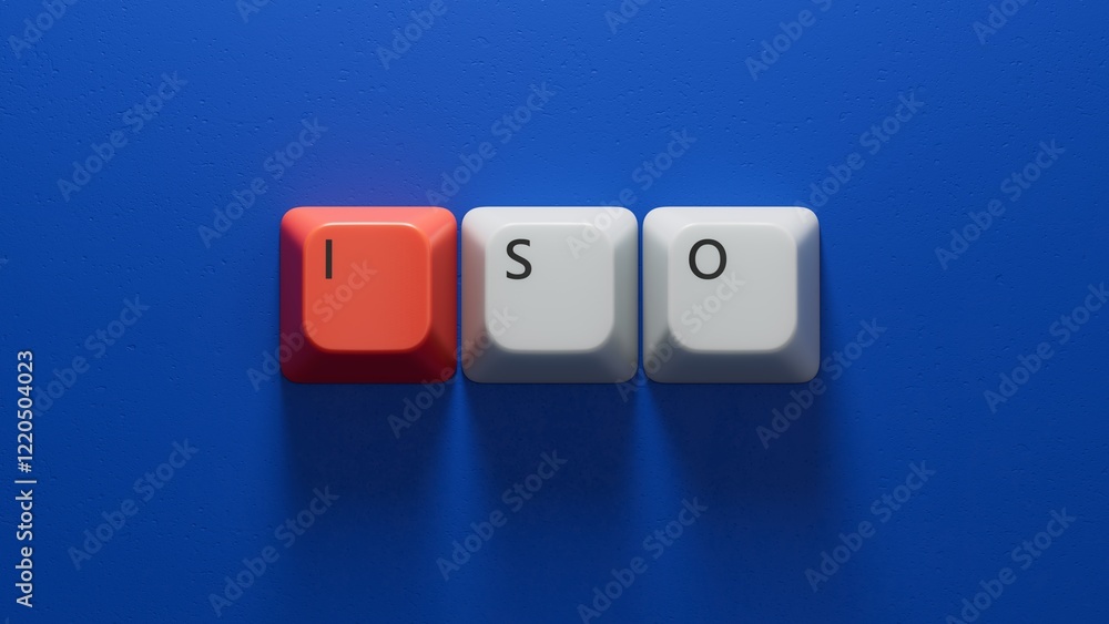 Fototapete The abbreviation ISO on Computer keyboard keys with check mark. ISO quality control certification approval concept.close up of Computer keyboard keys.3D rendering on blue background.
