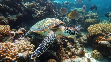 Fototapeta premium Sea turtle swims coral reef, tropical fish background, underwater wildlife