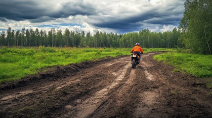 Obraz premium Motorcycle Rider Navigating Muddy Forest Trail
