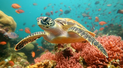 Fototapeta premium Sea turtle swimming coral reef, fish, ocean