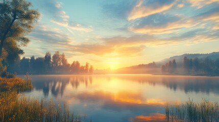 Obraz premium Sunrise over calm lake, misty forest, golden hour, nature, tranquil scene, travel poster
