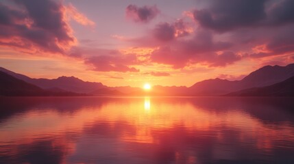 Obraz premium Mountain lake sunset reflection, fiery sky, peaceful scene, travel poster
