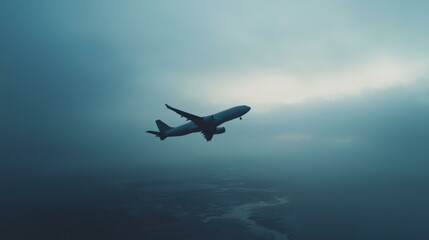 Airplane in flight through dramatic sky - aerial view of clouds at dusk