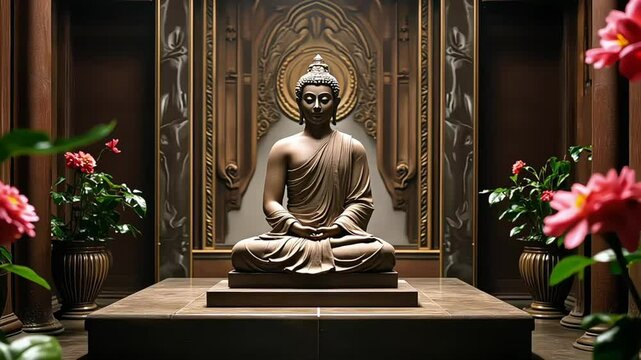 Golden buddha statue on Chinese Buddhist traditional altar temple, Vesak Day and Chinese new year celebration