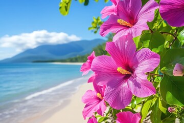 Tropical Pink Hibiscus Blooms near Ocean Beach