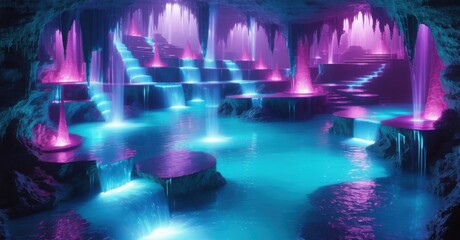 Fototapeta premium Labyrinth of underground caverns filled with glowing waterfalls and hidden pools Ethereal atmosphere of flowing water and illuminated rock formations creating a surreal subterranean wonder