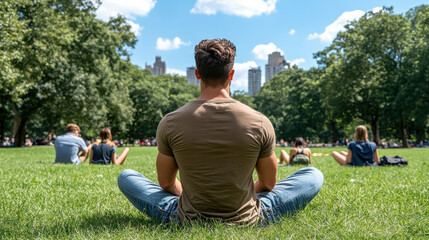 Fototapeta premium person sitting cross legged in park, enjoying sunny day
